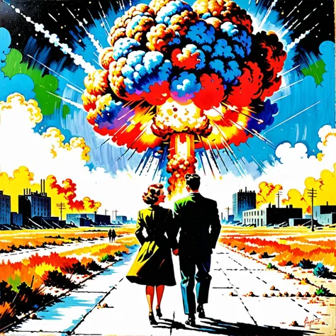 painting of happy couple, atomic age, vibrant colors, fallout, distant city, (atomic bomb explosion in distance)++, explosion ar...