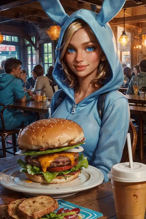 penny, blue eyes, bunny onesie, looking at viewer, serious, smiling, upper body shot, sitting, behind a table, inside restaurant,table full of food, hamburger, disposable cup, crowd, soft lighting, high quality, masterpiece, <lora:Bunny BrawlerPennyLoRA:.8...