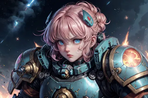 (80s anime style), <lora:KawaiiTech-20:0.65> A highly detailed illustration of a warhammer 40k space marine, face,  wearing DeepPink heavy kawaii power-armor,  battle-worn equipment, 0.5::power-fist grenades, cloak, augmented,  movement, chaplain,   dark dystopian lighting, exterminatus in background, intense atmosphere, BREAK
anime, intricate, sharp focus, illustration, highly detailed, digital painting, clean artstyle, concept art, matte, highly detail eyes, highly detail mouth, highly detailed face, perfect eyes, both eyes are the same, true light, glare, Iridescent, Global illumination, real hair movement,   kawaiitech scifi