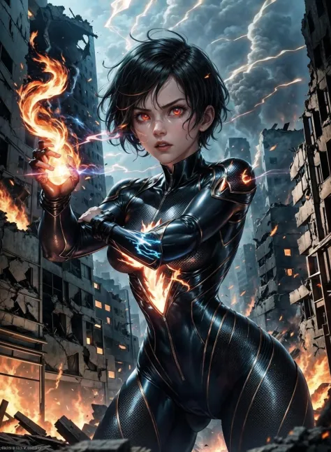 fighting , glowing eyes, short hair,torn tight supersuit, in a destroyed city, smoke and fire, glowing power aura, dynamic pose,...