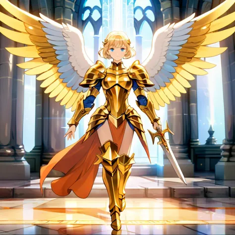 perfect face,Create an RPG-style image featuring a female archangel in golden armor. She stands tall and majestic, with wings unfurled against the backdrop of a formidable fortress. Her armor shines with divine light, intricately designed with symbols of p...