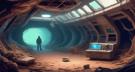 there is a man standing in a tunnel with a computer