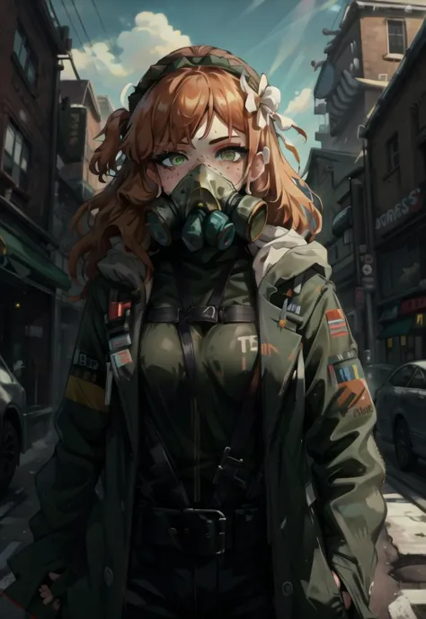 a woman in a gas mask standing on a city street