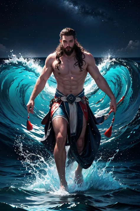 Water giant,giant tribe,ocean,waves,bubbles,beard,blue eyes,facial hair,glowing eyes,male focus,muscular development,solo,stars ...