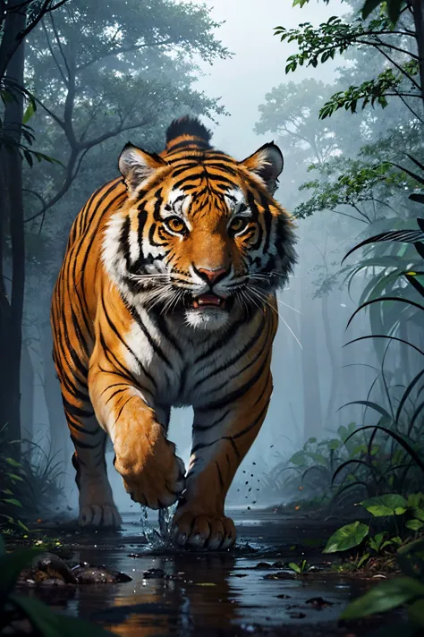 coomplex illustration of a mighty tiger in the jungle very fast  running to the viewer,trees and flower,in a massive cloud of dust,agression,anger,hyperrealistic scene,heavy rain,detailed focus,art by Aaron Jasinski,epic fantasy scene,vivid colors,Enchanted Masterpiece,Fantasycore,Award-Winning,Masterpiece,contrast,faded,