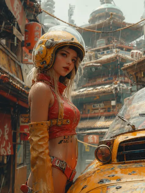 xuer dieselpunk, 1girl, rain, solo, helmet, detached sleeves, blonde hair, midriff, wet, long hair, crop top, tattoo, navel, looking at viewer, outdoors, bare shoulders,
<lora:~Q?-glgQK xuer dieselpunk:0.8>,