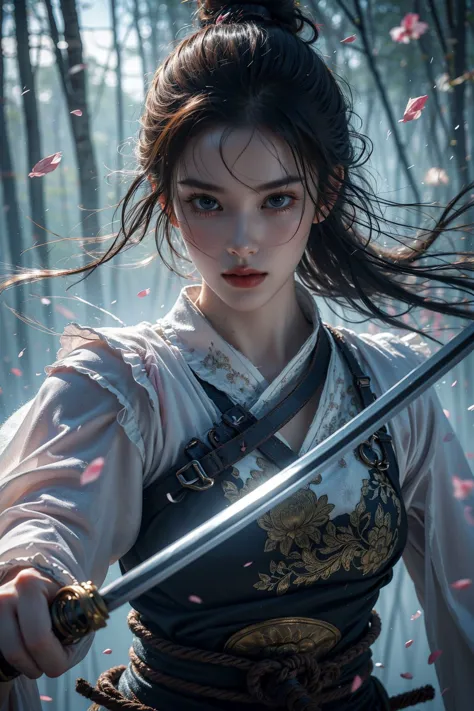 a woman in a white shirt holding a sword in a forest