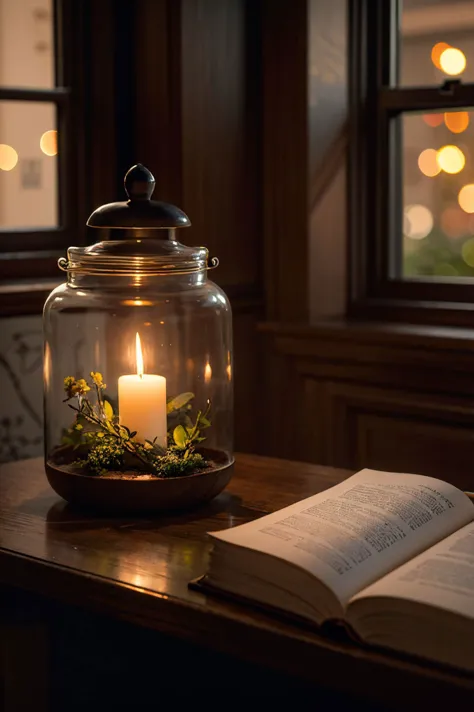 Glowing flower field inside Apothecary Jar,Bokeh,Grim,Neon Light,intricate,elegant,in a witch's hut,books,cauldron,window,herbs,cutecore,