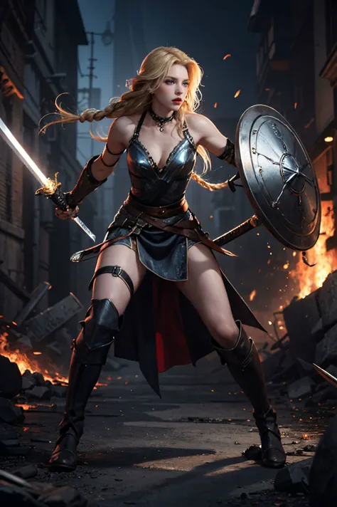 現実的,バイキング,1人の女の子,青い目,小さい胸,全身画像,金髪,一人で,編み髪,怒り,戦闘への突撃,右手に彫り込みのある剣,左腕の盾,