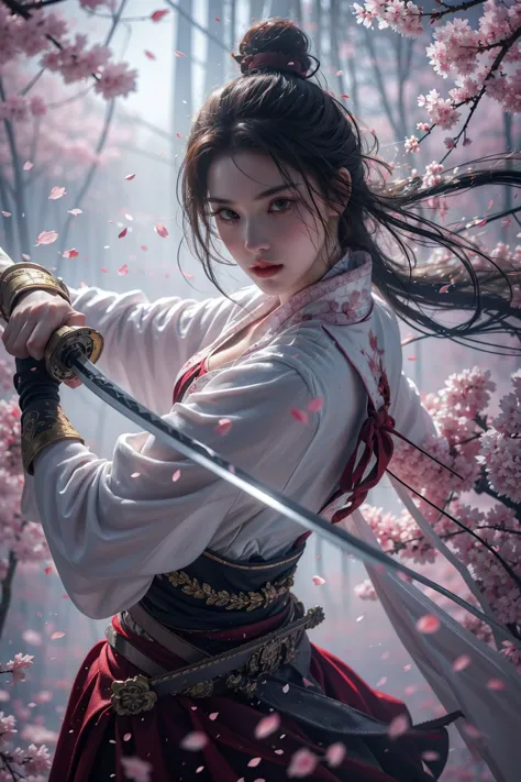 <lora:SwordSakura:0.8>,upper body,blade to side,strike pose,blade down,blade right hand,<lora:UBWKatanaOneHand:0.5>,cherry blossoms,, (masterpiece, best quality, high quality, highres, ultra-detailed),