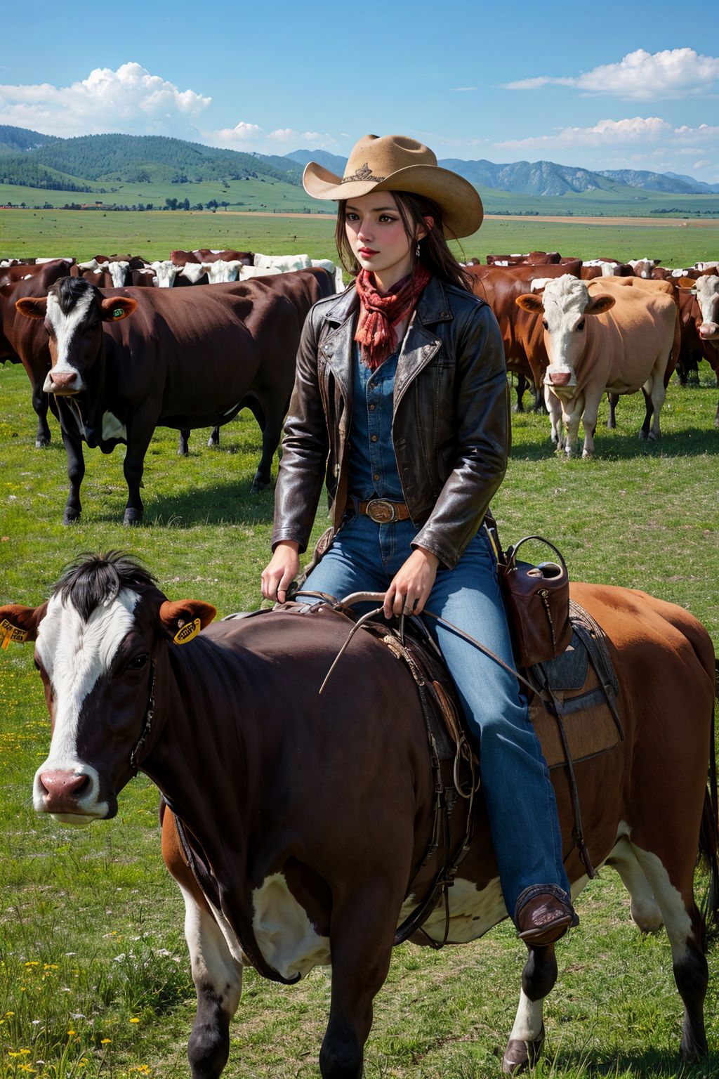 Woman in cowboy hat riding on a cow in a field of cows - SeaArt AI