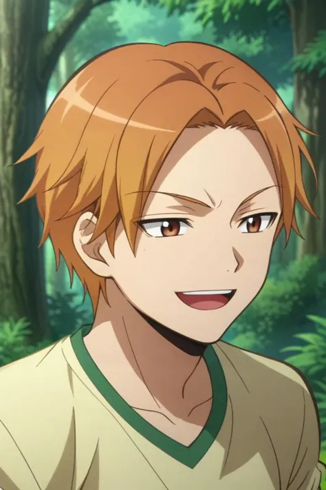 score_9, score_8_up, score_7_up, source_anime, rating_safe, intricate details, anime screencap, , , , , 1boy, solo, male focus, <lora:hiroto_maehara_pony:0.78>, hiroto_maehara, orange hair, brown eyes, short hair, rule of thirds, forest, day, arms at sides, laughing, , <lora:sdxl_lightning_8step_lora:1>