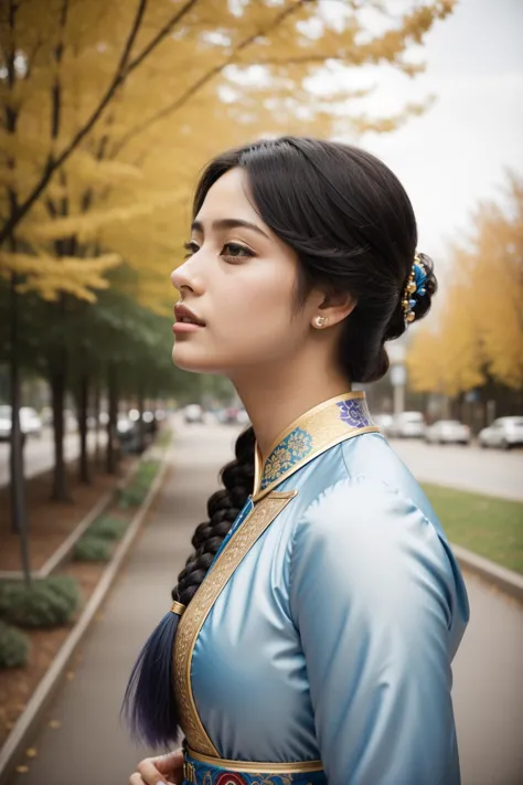 a close up of a woman with long hair wearing a blue dress