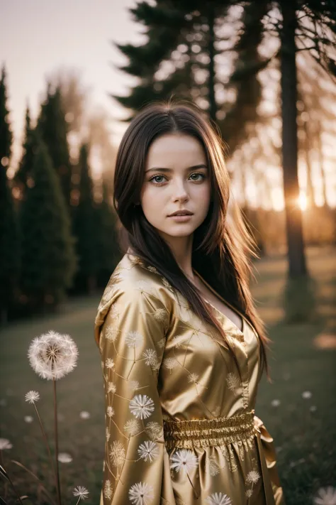 a woman in a gold dress standing in a field of flowers