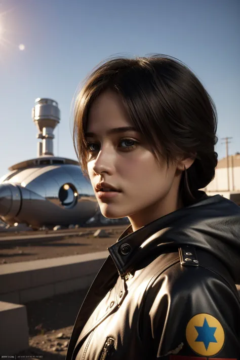 a woman in a leather jacket standing in front of a futuristic building