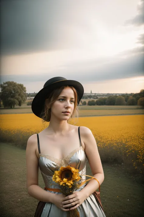 arafed woman in a dress and hat holding a sunflower