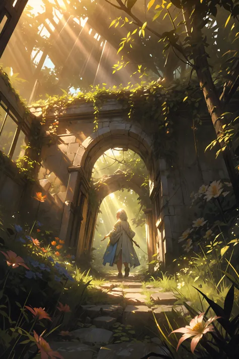 absurdres, highres, extremely detailed, best quality, high quality, Break,     soft lighting, caustics, soft shading, Break,    Ancient abandoned garden, overgrown stone arches, Break,    Wide angle shot, overgrown path, painting, light rays, raytracing, flowers. distant adventurer, (from below)