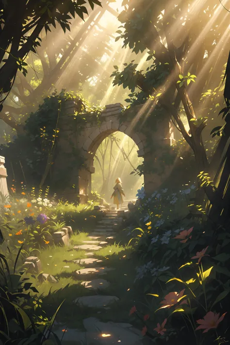 absurdres, highres, extremely detailed, best quality, high quality, Break,     soft lighting, caustics, soft shading, Break,    Ancient abandoned garden, overgrown stone arches, Break,    Wide angle shot, overgrown path, painting, light rays, raytracing, flowers. distant adventurer