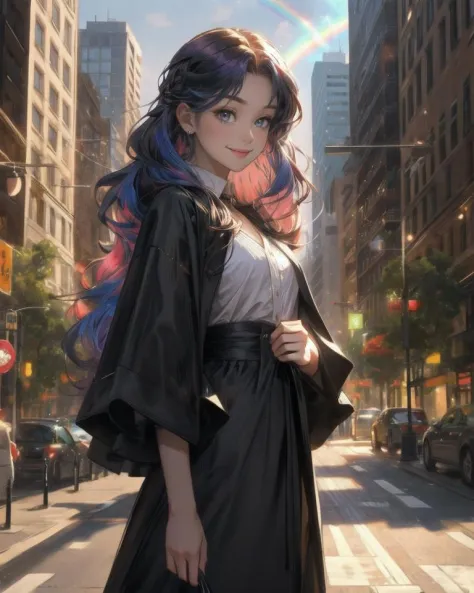A newfangled girl standing in the middle of the city, rainbow hair, smile, closeup, over the chest