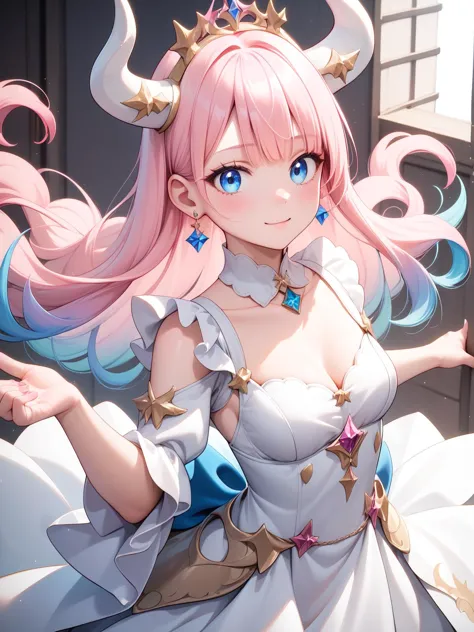 anime girl with pink hair and horns in a white dress