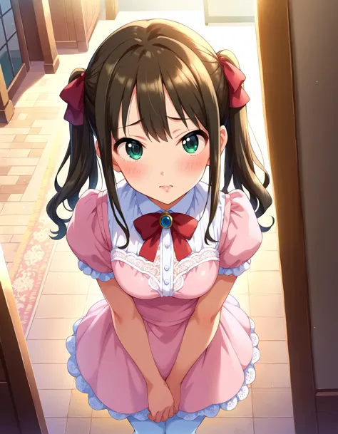 anime girl in pink dress standing in doorway with hands on knees