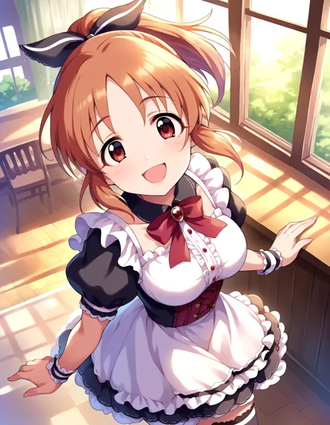 score_9, score_8_up, score_7_up, source_anime,
1girl solo, fov, from above, waitress, greeting upon entrance, skirt hold,  looking at viewer,   (smile:1.2), open mouth, indoors, in maid cafe, 
 window, day, sunbeam, 
<lora:AbeNana_pony_v1:0.9>
abnn, small petite, short hair, brown hair, orange hair,  ponytail, bangs, red eyes, large breasts, 
white hair bow, 
satin girly dress, glossy gothic dress, lace trim, frills, corset, detailed embroidery, miniskirt, thighhighs, zettai ryouiki, 
detailed eyes, eyeliner,