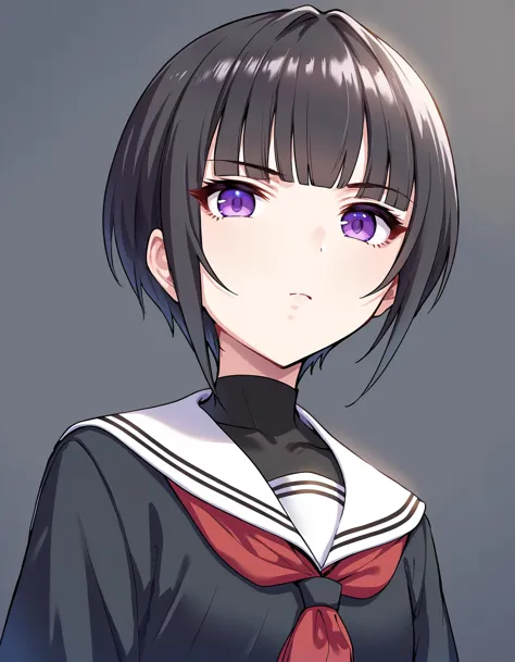 anime girl with black hair and purple eyes wearing a sailor outfit