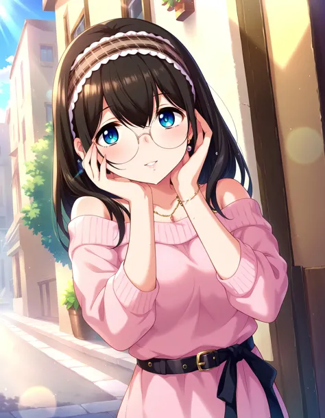 score_9, score_8_up, score_7_up, source_anime,
1girl, cute female, shy, solo, fov, dating, looking at viewer, smile, parted lips, hands on own cheek,  outdoors, street, building, boutique, display window, day, blue sky, sunlight, 
 <lora:SagisawaFumika_pony_v1:0.8>
sgswfmk, long hair, brown hair, black hair, bangs, hair between eyes, blue eyes, large breasts, 
plaid hairband,
lipstic, detailed eyes, eyelashes, eyeliner, jewelry, necklace, bracelet, earrings, 
casual dress, round eyewear, sweater dress, off-shoulder sweater, pink sweater, bare shoulders, off shoulder,  long sleeves, belt,