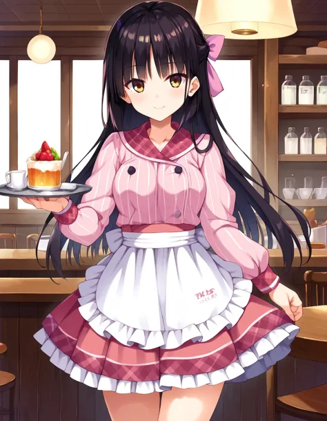 anime girl in a pink dress holding a plate with a cupcake on it