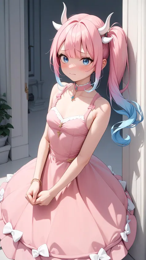 anime - style girl in pink dress with horns and bows posing for picture