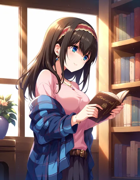 anime girl reading a book in a library with a window