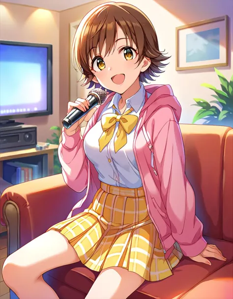 anime girl sitting on a couch with a microphone in her hand