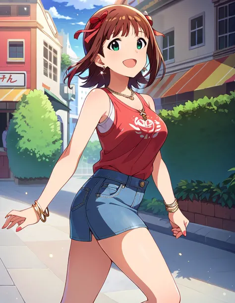 anime girl in short shorts and red top walking down the street