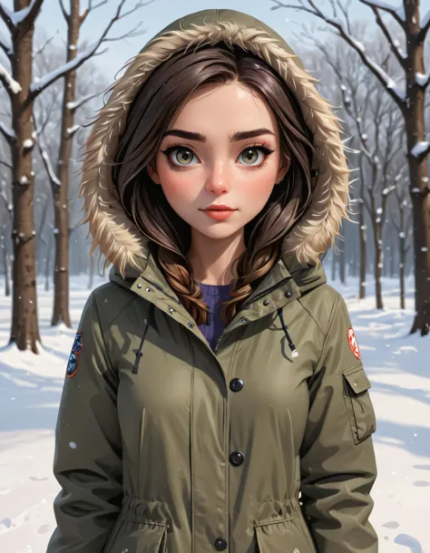 anya in the snow, wearing parka, cartoon style