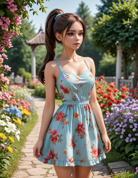 digital art, adult anya, ponytail, summerdress, full body, doll style, background park with colorful flowers