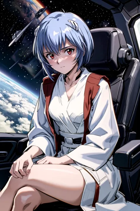 a close up of a person sitting in a plane with a space background