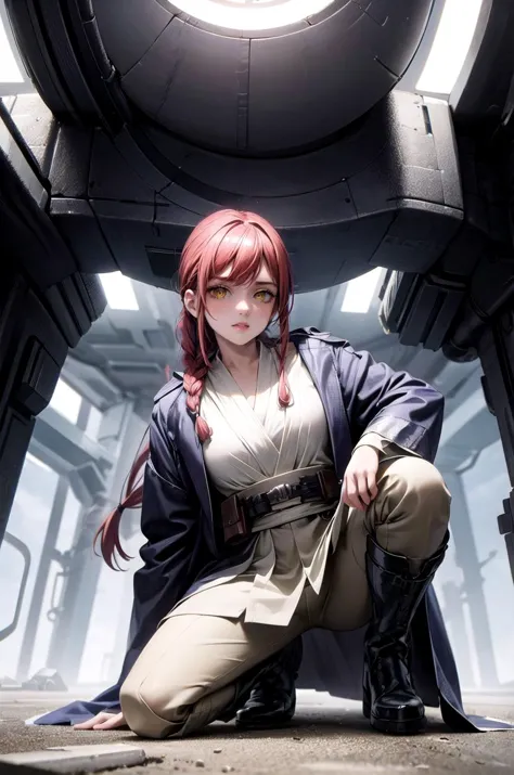 a woman with red hair and a star wars outfit kneeling on the ground