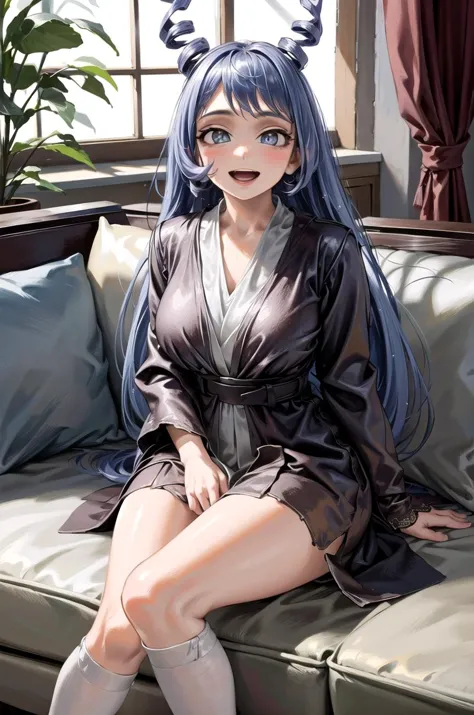 (masterpiece, best quality, detailed), 1girl, solo, looking at viewer, <lora:hadou_nejire:0.8>, aanejire, hair horns, drill hair, long hair, large breasts, <lora:CONCEPT-JediOutfit:1>, (JediOutfit, robe), belt, indoors, couch, pillow, window, curtains, potted plant, sitting, hugging own legs, knees up, knees to chest, smile, open mouth