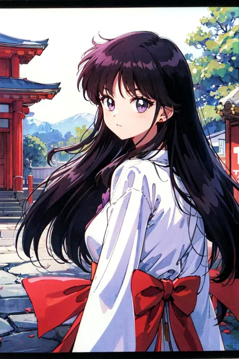 anime girl with long black hair and red bow standing in front of a red building