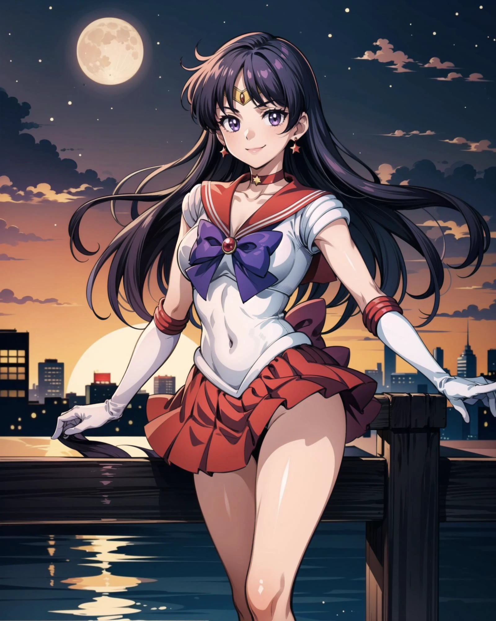 sama1, tiara, skirt, sailor senshi uniform, white gloves, red sailor collar, red skirt, star choker, elbow gloves, pleated skirt, bare legs, collarbone, purple bow, standing, smile, moon, city, masterpiece, best quality, perfect composition,