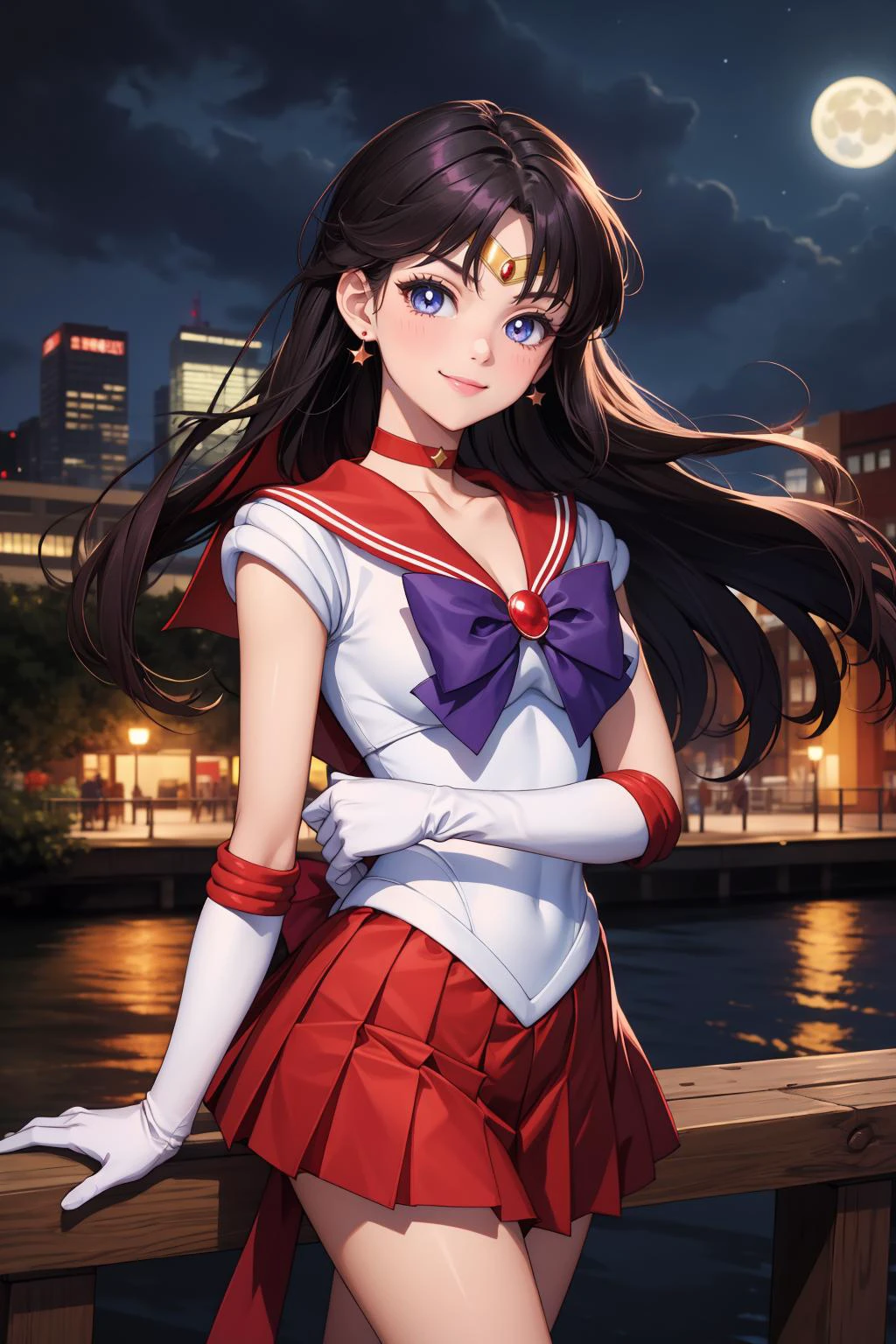 masterpiece, best quality, highres, absurdres, ultra detailed, pretty eyes,
sama1, tiara, sailor senshi uniform, white gloves, red sailor collar, red skirt, star choker, elbow gloves, pleated skirt, bare legs, purple bow
sanding arms_crossed, cowboy shot, night, outdoors, moon, smile, city,
