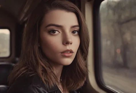 Close-up portrait of anya taylor joy, with shoulder-length, layered brunette hair, gazing intently out of a train window, wearin...