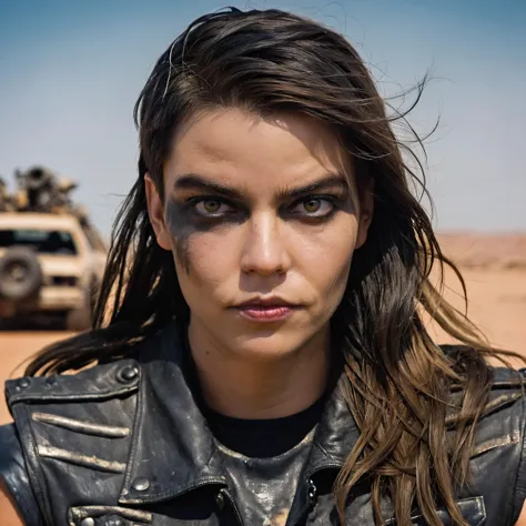 professional photograph of (ohwx woman, :1.3) with (matte skin), (Air brushed Furiosa face paint, forehead face paint:1.3) and (long flowing hair:3.5) (dressed in the style of Furiosa:2.3) from (Mad Max:1.2) (wearing a worn-out shirt:1.6) and a (distressed black leather jacket:1.2).  ((Mad Max vehicles) racing in the background:1.5). Desert environment. (Mad Max environment:1.2). (pores:0.5) (freckles:0.2) (bokeh:0.2)