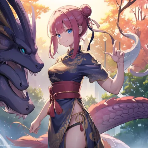 a woman in a dress standing next to a dragon