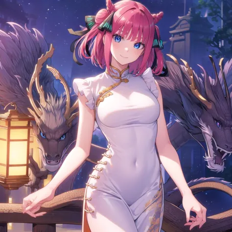 anime girl in white dress with pink hair and dragon on fence