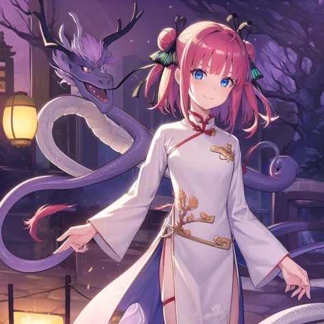 anime girl with pink hair and blue eyes standing in front of a dragon