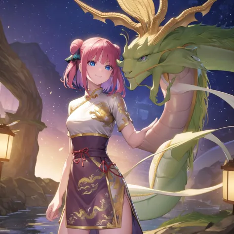 ninonakano, <lora:ninonakanotest:1>,
nino nakano, short hair, bangs, blue eyes, hair ornament, hair ribbon, pink hair, blunt bangs, two side up, butterfly hair ornament, smile,
BREAK chinese clothes, hair bun, double hair bun,
BREAK outdoors, shrine, fireworks, (dragon:1.5), lanterns, <lora:PAseerEasternDragonV3:0.75>, eastern dragon,
BREAK looking at viewer, (cowboy shot:1.5),
BREAK <lyco:GoodHands-beta2:1>, (masterpiece:1.2), best quality, high resolution, unity 8k wallpaper, (illustration:0.8), (beautiful detailed eyes:1.6), extremely detailed face, perfect lighting, extremely detailed CG, (perfect hands, perfect anatomy),