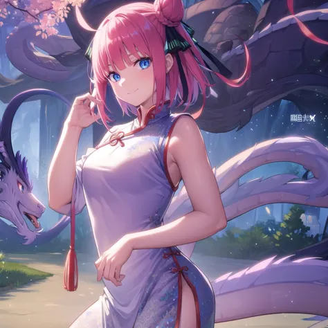 anime girl with pink hair and blue eyes standing in front of a dragon