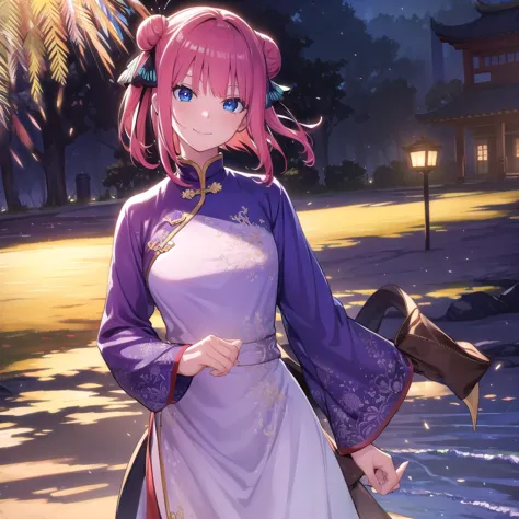 anime girl in purple dress standing in front of a lake