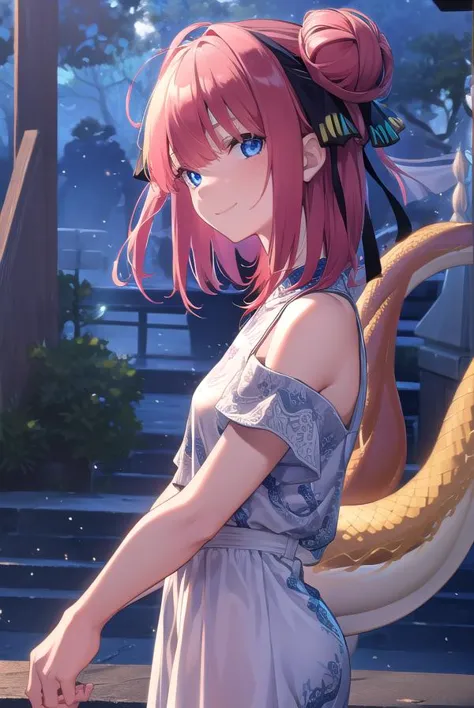 ninonakano, <lora:ninonakanotest:1>,
nino nakano, short hair, bangs, blue eyes, hair ornament, hair ribbon, pink hair, blunt bangs, two side up, butterfly hair ornament, smile,
BREAK chinese clothes, hair bun, double hair bun,
BREAK outdoors, shrine, fireworks, dragon, lanterns, <lora:PAseerEasternDragonV3:0.8>, (eastern dragon:1.5),
BREAK looking at viewer, (cowboy shot:1.5),
BREAK <lyco:GoodHands-beta2:1>, (masterpiece:1.2), best quality, high resolution, unity 8k wallpaper, (illustration:0.8), (beautiful detailed eyes:1.6), extremely detailed face, perfect lighting, extremely detailed CG, (perfect hands, perfect anatomy),